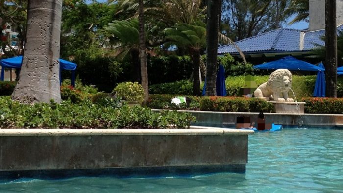 Kolam renang dengan air mancur dari mulut singa