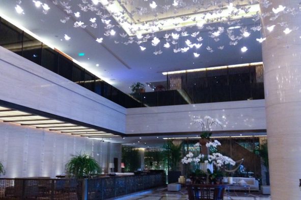 The Westin Guangzhou lobby with white birds rain drop chandelier