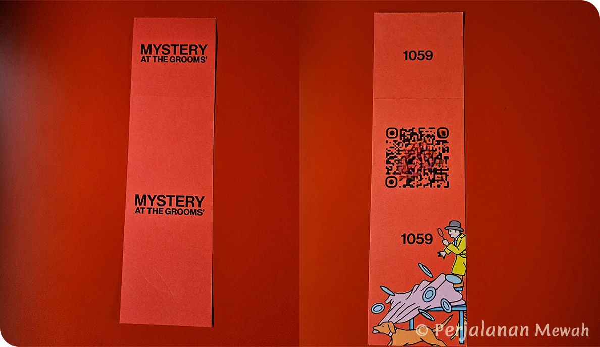Hermès Mystery at the Grooms entry ticket with QR code and detective-themed design
