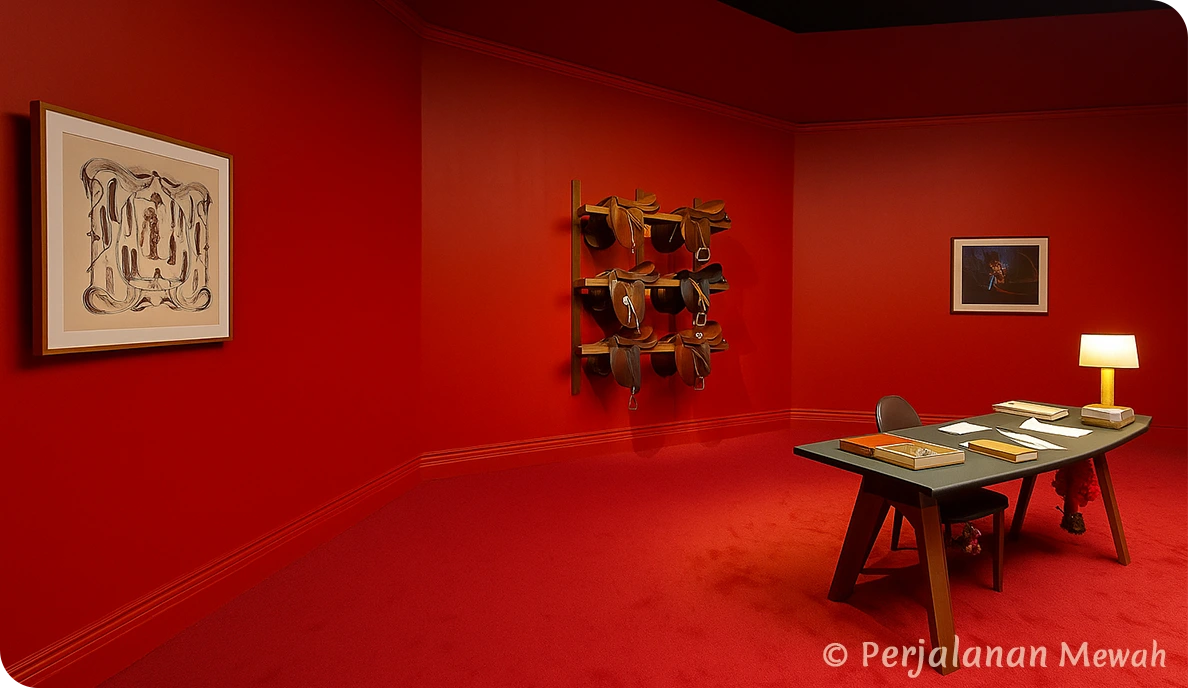 Hermès Mystery The Head Grooms Office Red Room with red walls, vintage saddles, and equestrian desk display
