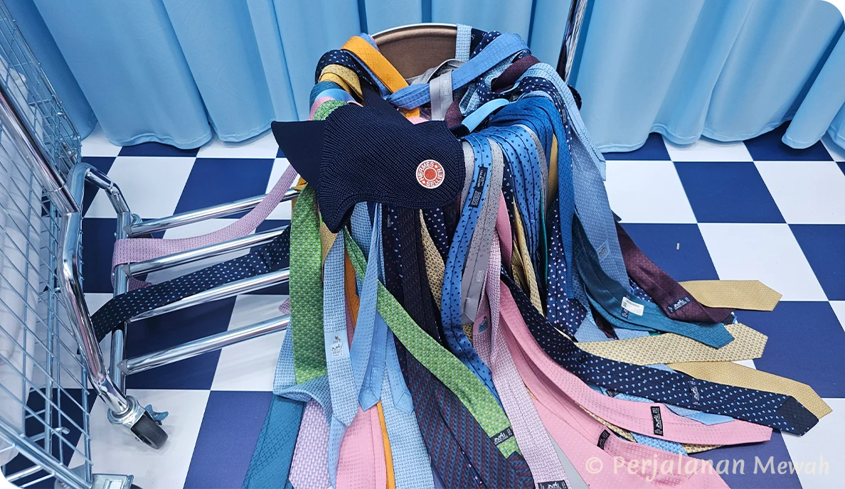Hermès silk ties draped over a cart in the Laundry